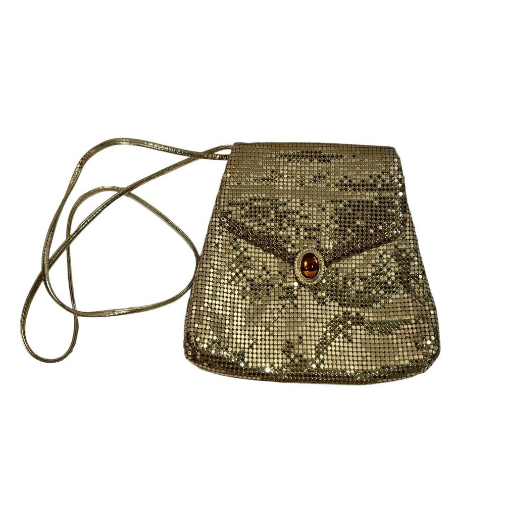 Vintage Whiting & Davis Gold Mesh Metallic Envelope Crossbody Bag  Sequin 60s